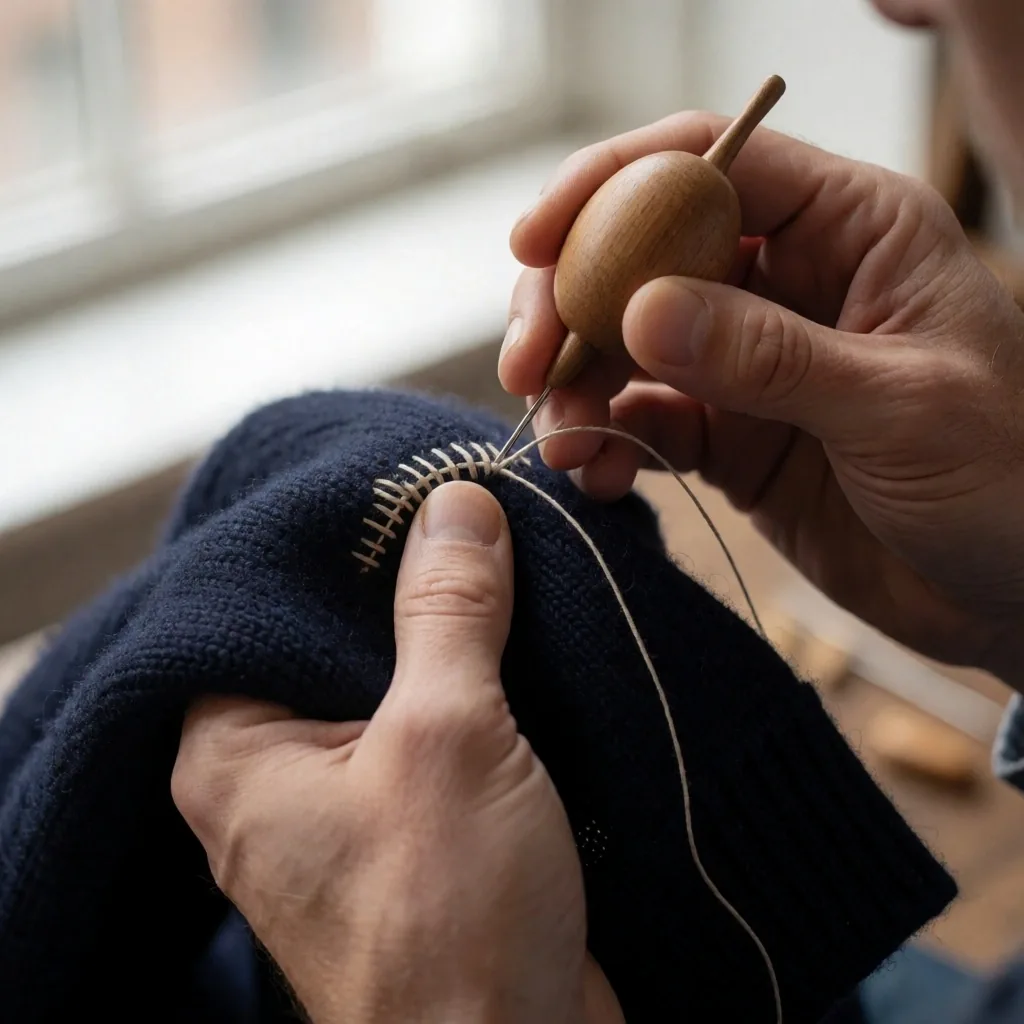 Handarbeit: Stopfen eines Wollstoffes