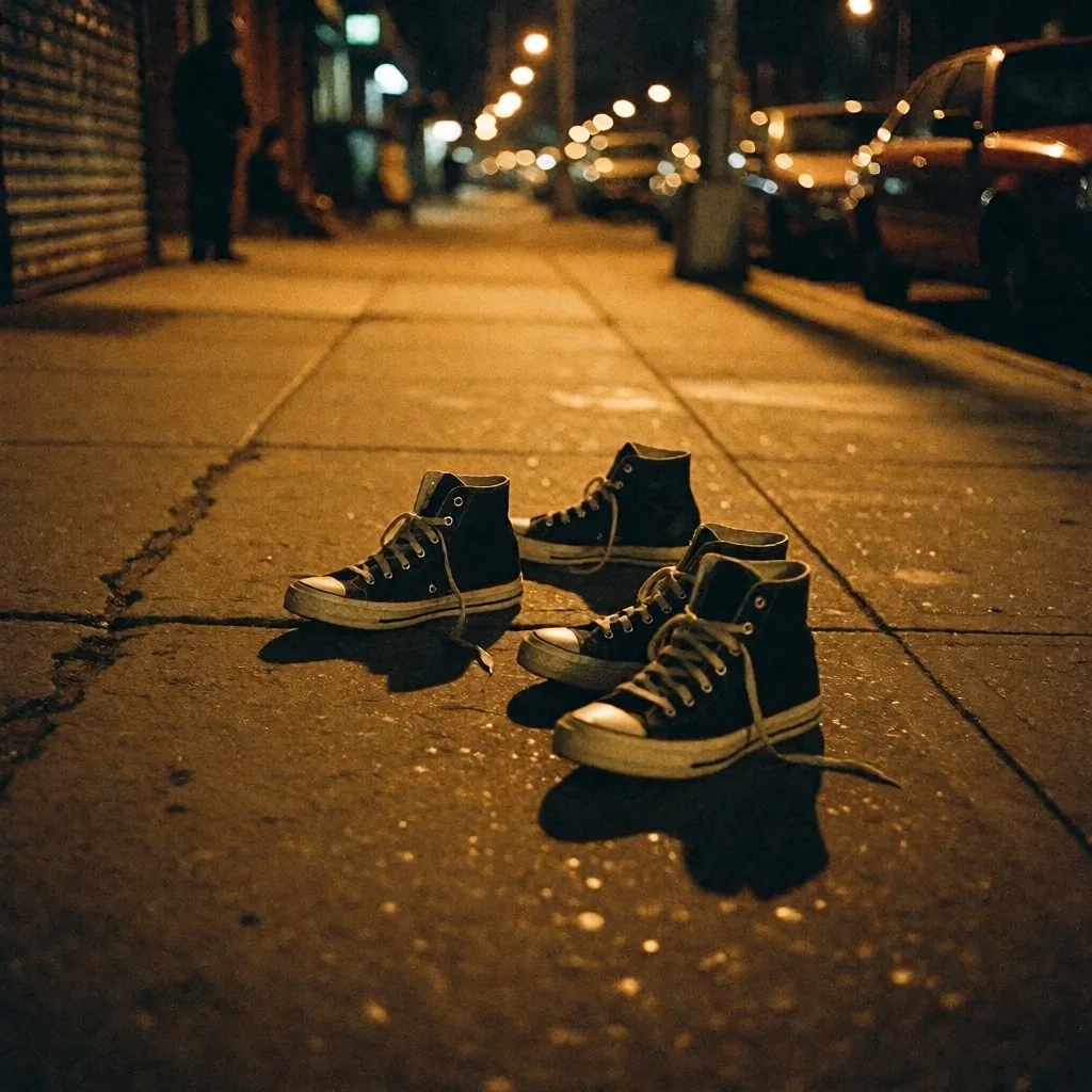 Abgenutzte Sneaker auf städtischem Asphalt