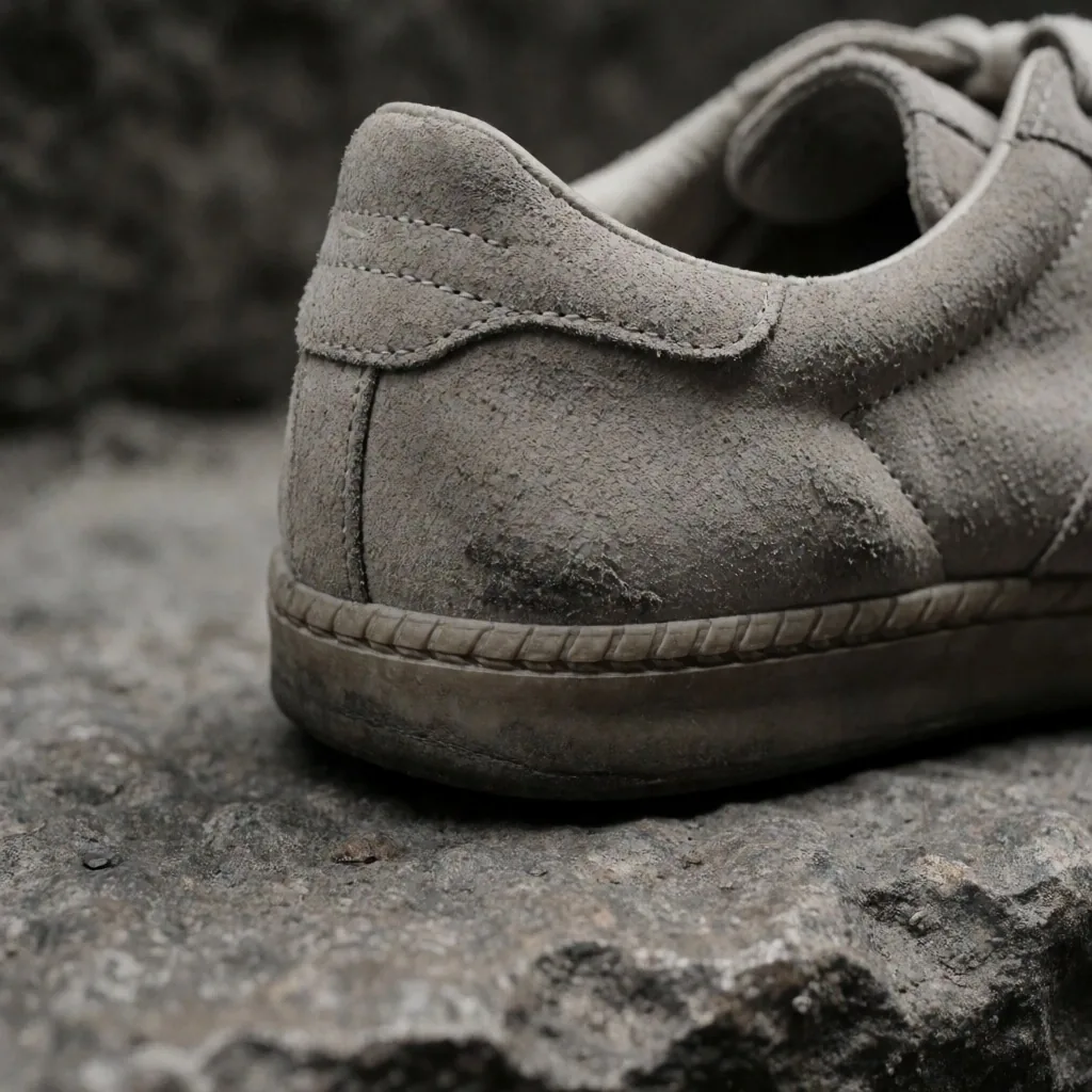 Einzelner getragener Sneaker auf Steinuntergrund