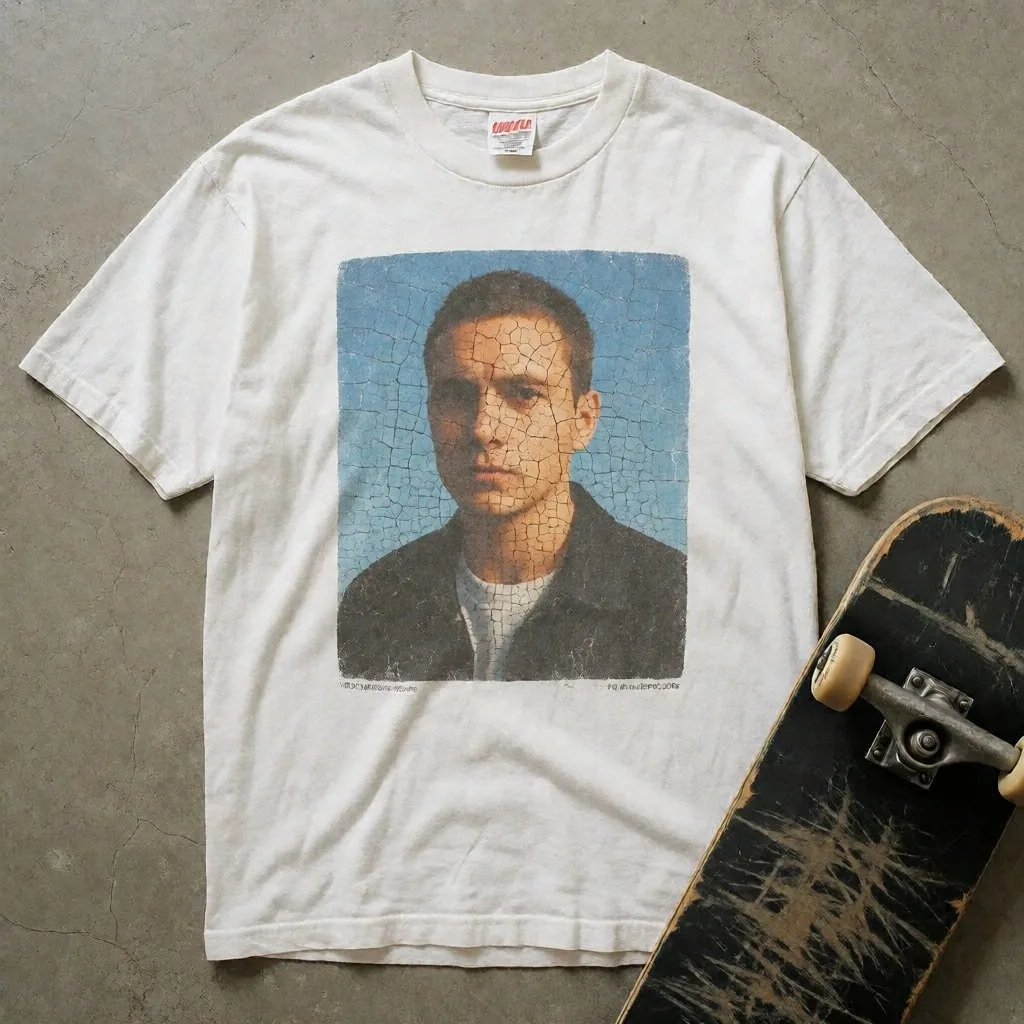 Grafik-T-Shirt und Skateboarddeck als dokumentarische Flachaufnahme